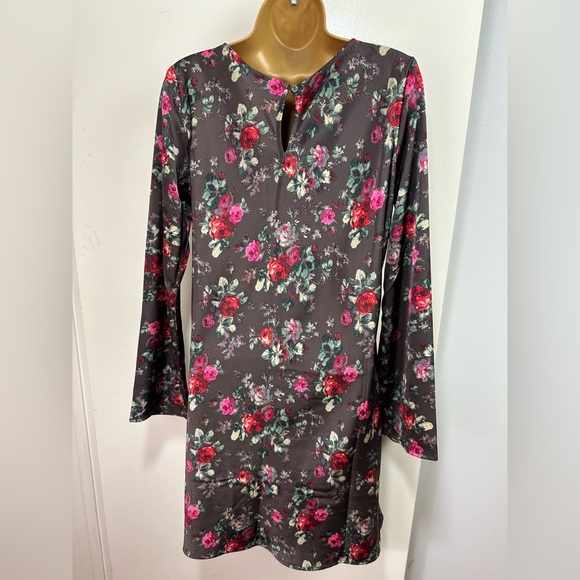 GAP Chocolate Brown Red Pink Rose Print Recycled Silky Satin Mini Dress NWOT S - Picture 11 of 16